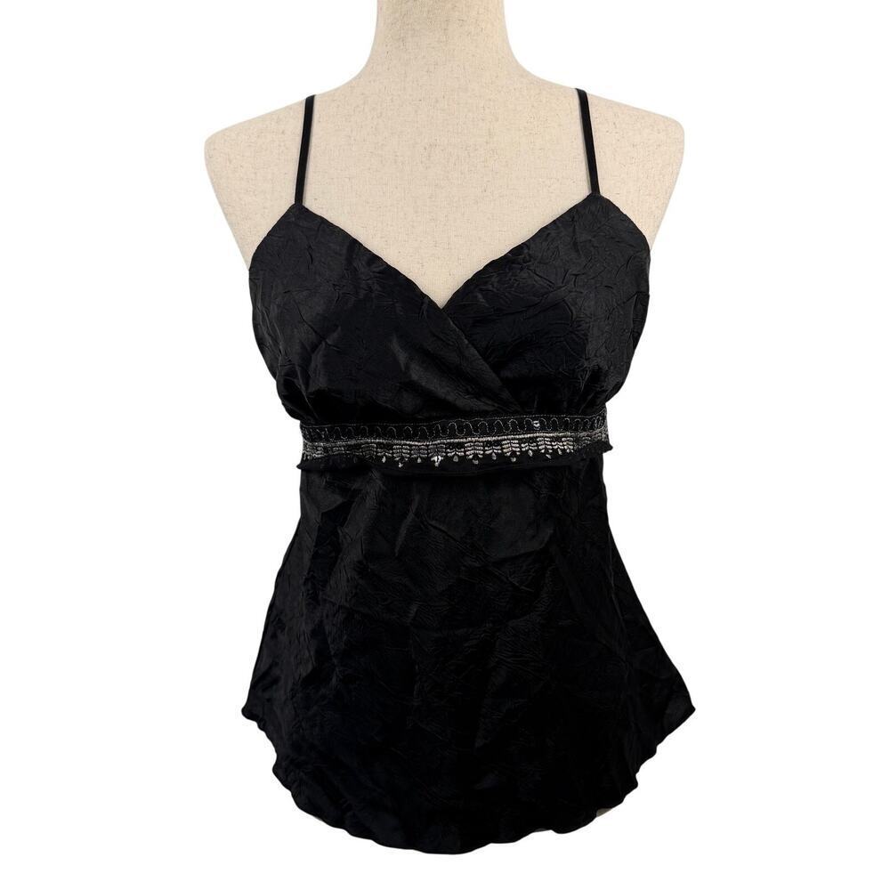 Y2K Cato Black Satin Babydoll Cami Embroidered Waist Tie Back Thin Straps MEDIUM